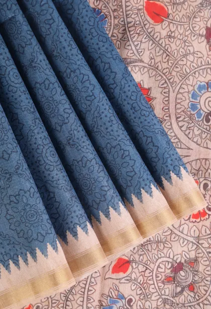 Aegean Blue Semi Tussar Silk Without Zari With Rangoli Pattren