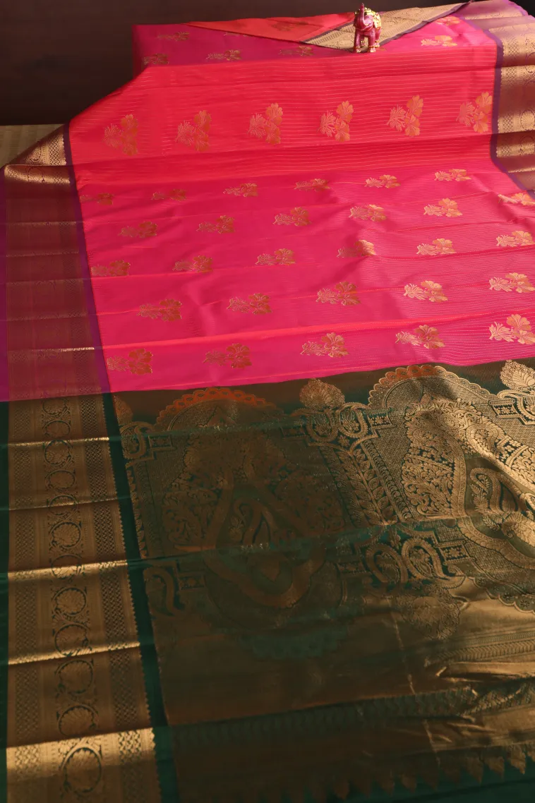 Punch Pink Visiri Madippu Silk Sarees with Gold Zari Straipes And Puttas view 2