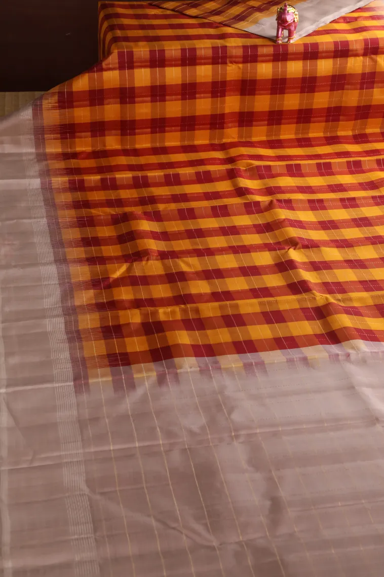 Honey Orange Soft Silk Saree with Silver Zari Checks view 2