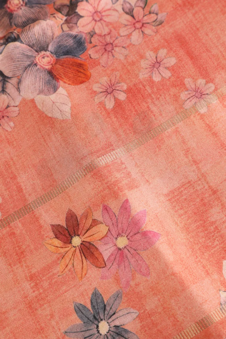 Peach Pink Organza Saree with Gold Zari Plain view 3