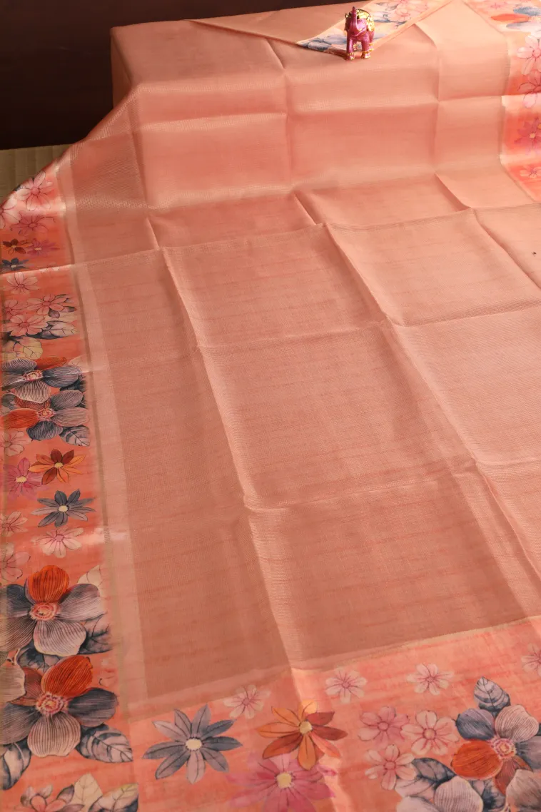 Peach Pink Organza Saree with Gold Zari Plain view 2