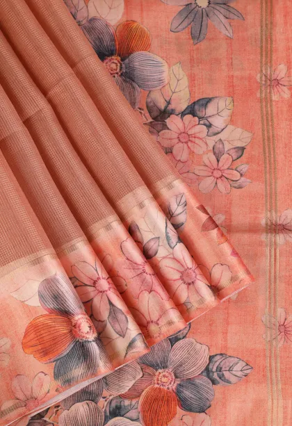 Peach Pink Organza Saree with Gold Zari Plain