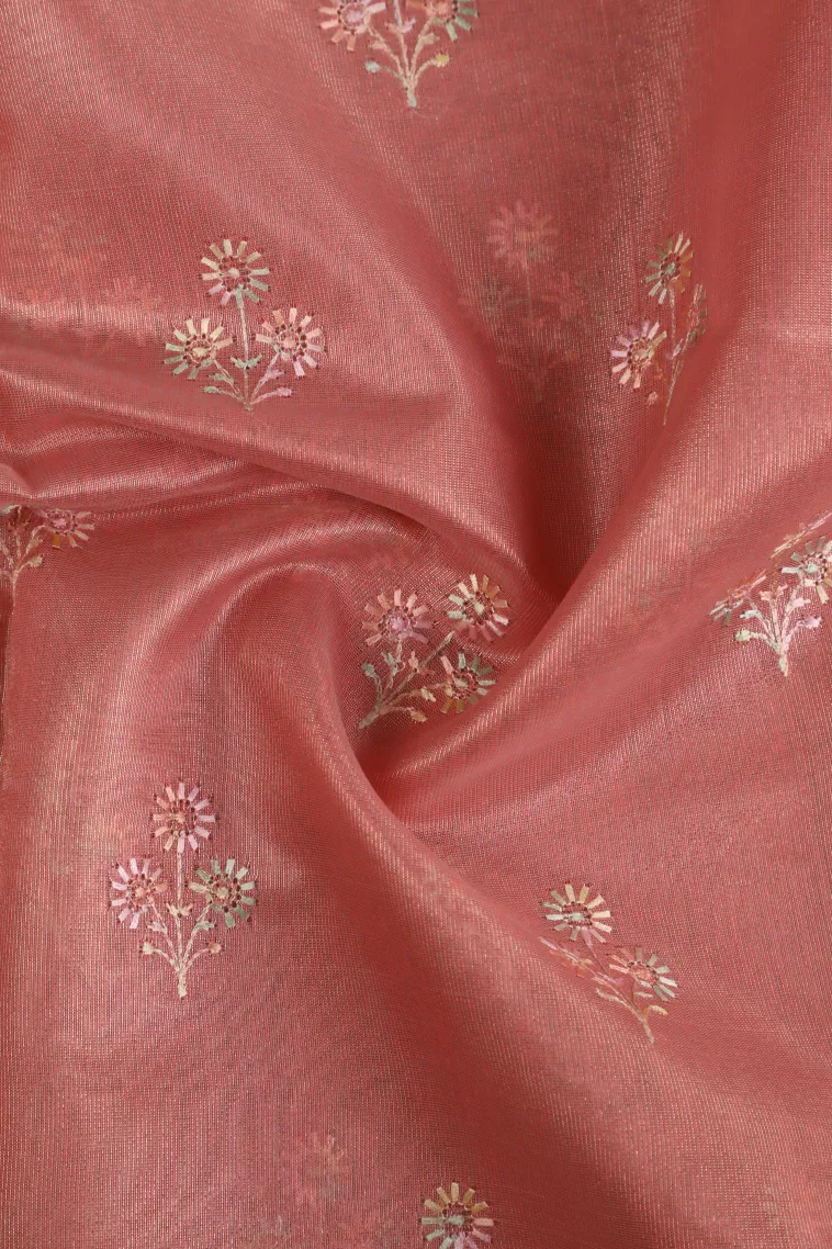 Peach Pink Tissue Silk Sarees with Gold Zari Flower Mottif view 4