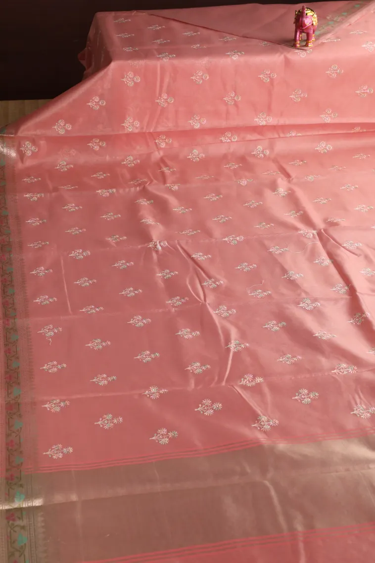 Peach Pink Tissue Silk Sarees with Gold Zari Flower Mottif view 2