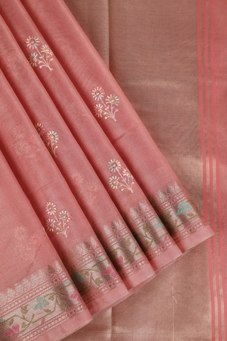 Peach Pink Tissue Silk Sarees with Gold Zari Flower Mottif view 1