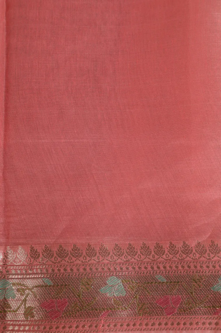Peach Pink Tissue Silk Sarees with Gold Zari Flower Mottif view 3