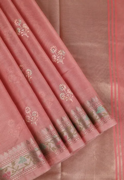 Peach Pink Tissue Silk Sarees with Gold Zari Flower Mottif