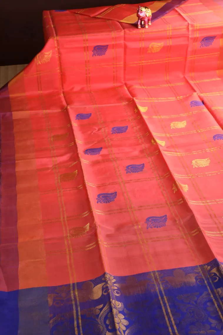 Peach Pink Soft Silk Saree with Gold Zari Checks And Puttas view 2