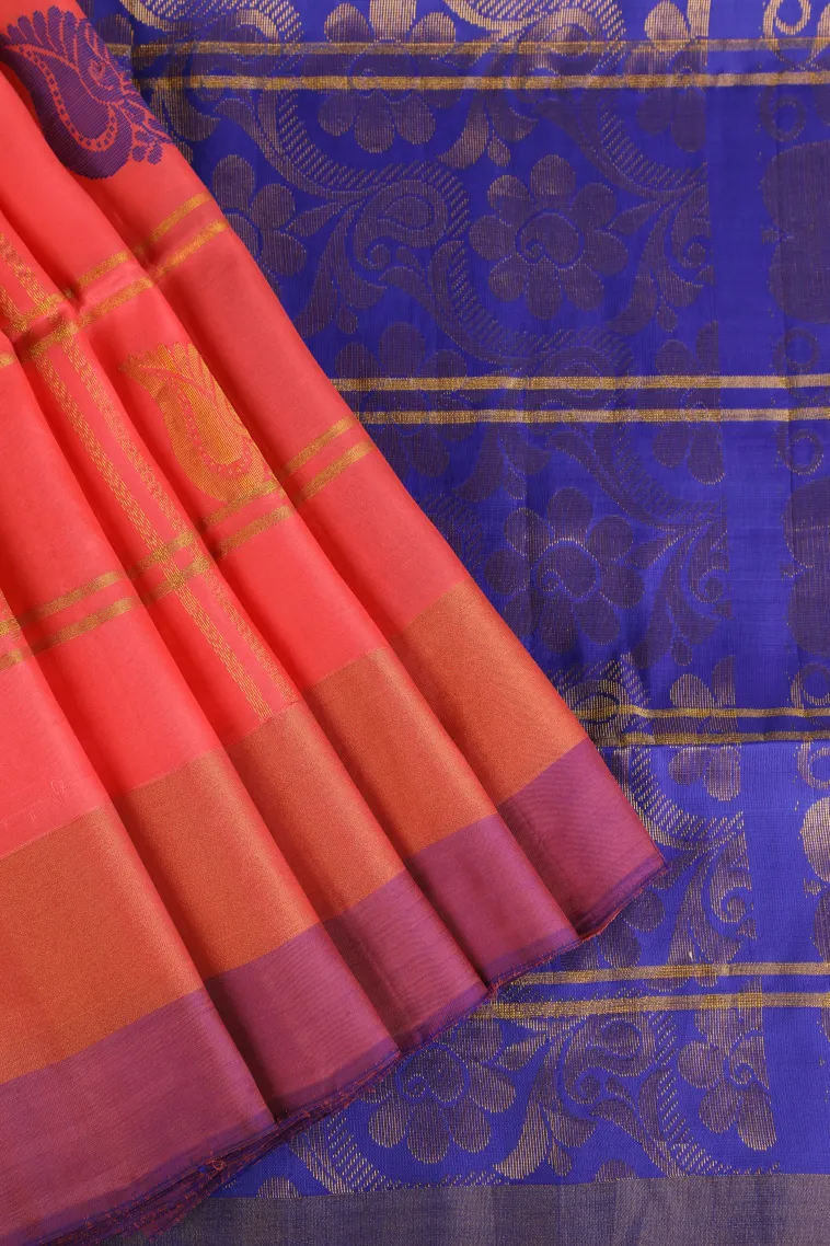 Peach Pink Soft Silk Saree with Gold Zari Checks And Puttas view 1