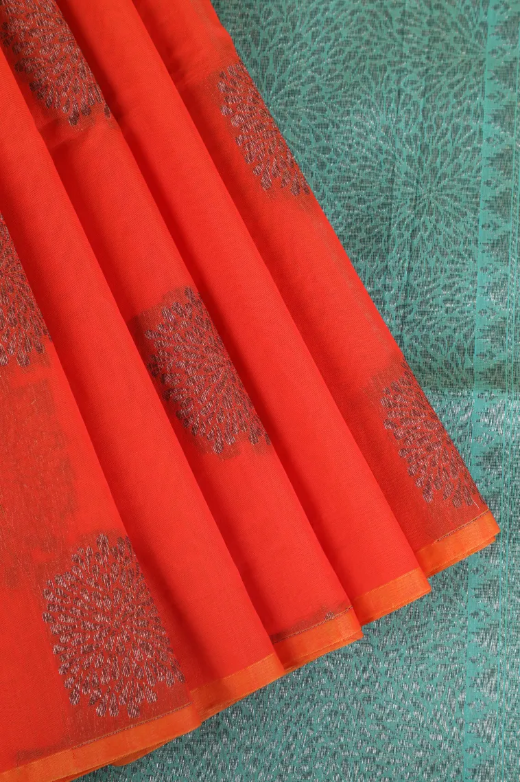 Fire Orange Silk Cotton Sarees with Antic Zari Flower Mottif