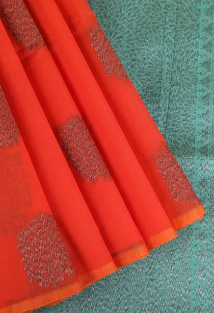 Fire Orange Silk Cotton Sarees with Antic Zari Flower Mottif