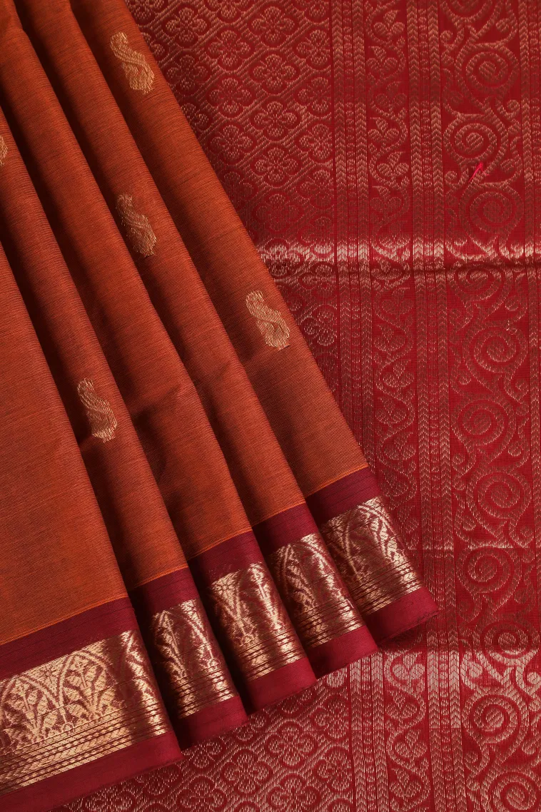 Ginger Orange Pure Handloom Kovai Cotton with Gold Zari Peacock Motifs view 1