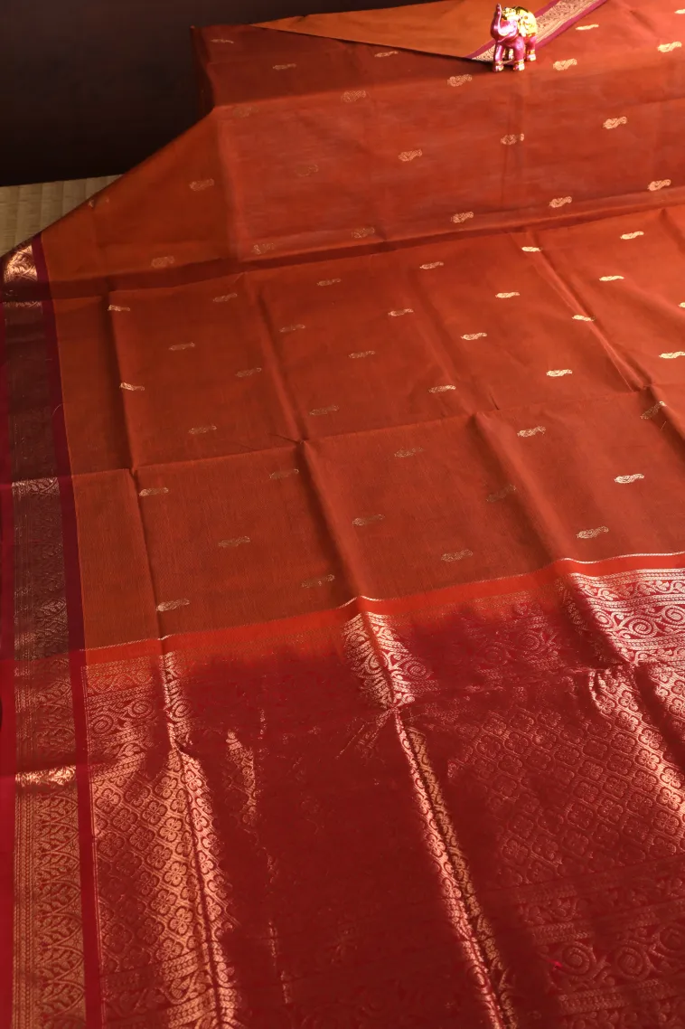 Ginger Orange Pure Handloom Kovai Cotton with Gold Zari Peacock Motifs view 2