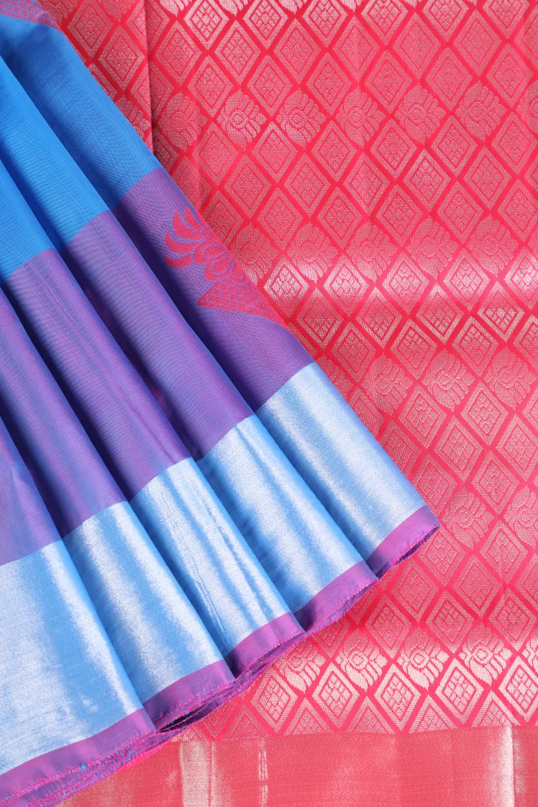 Cerulean Blue Soft Silk Saree with Silver Zari Tree Mottif