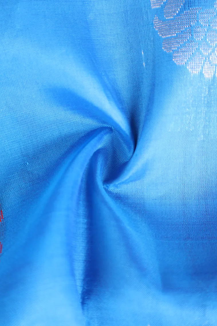 Cerulean Blue Soft Silk Saree with Silver Zari Tree Mottif view 4