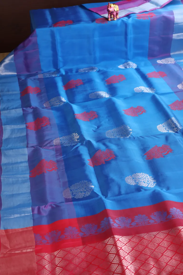Cerulean Blue Soft Silk Saree with Silver Zari Tree Mottif view 2