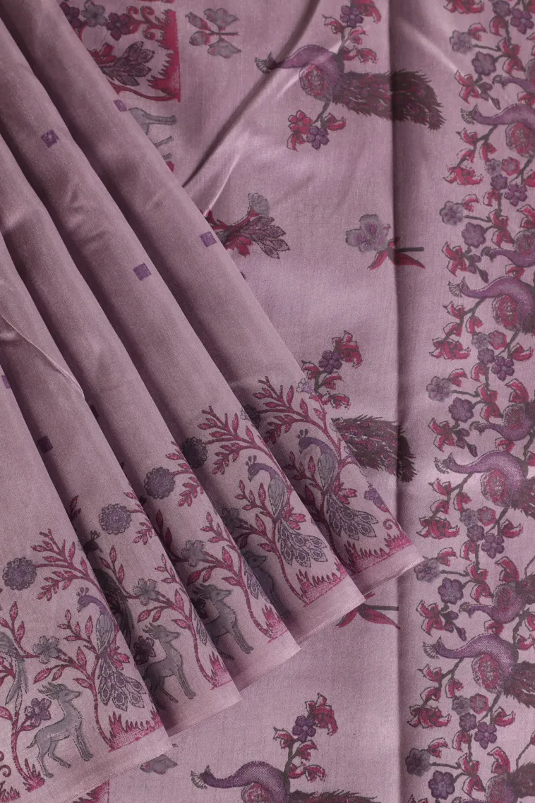 Mauve Purple Semi Tussar Silk Without Zari With Peacock And Animal