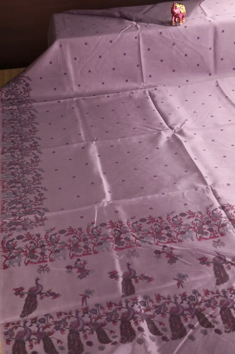 Mauve Purple Semi Tussar Silk Without Zari With Peacock And Animal view 2