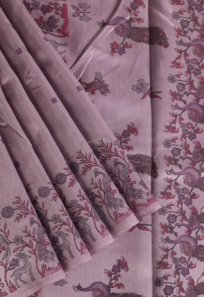 Mauve Purple Semi Tussar Silk Without Zari With Peacock And Animal