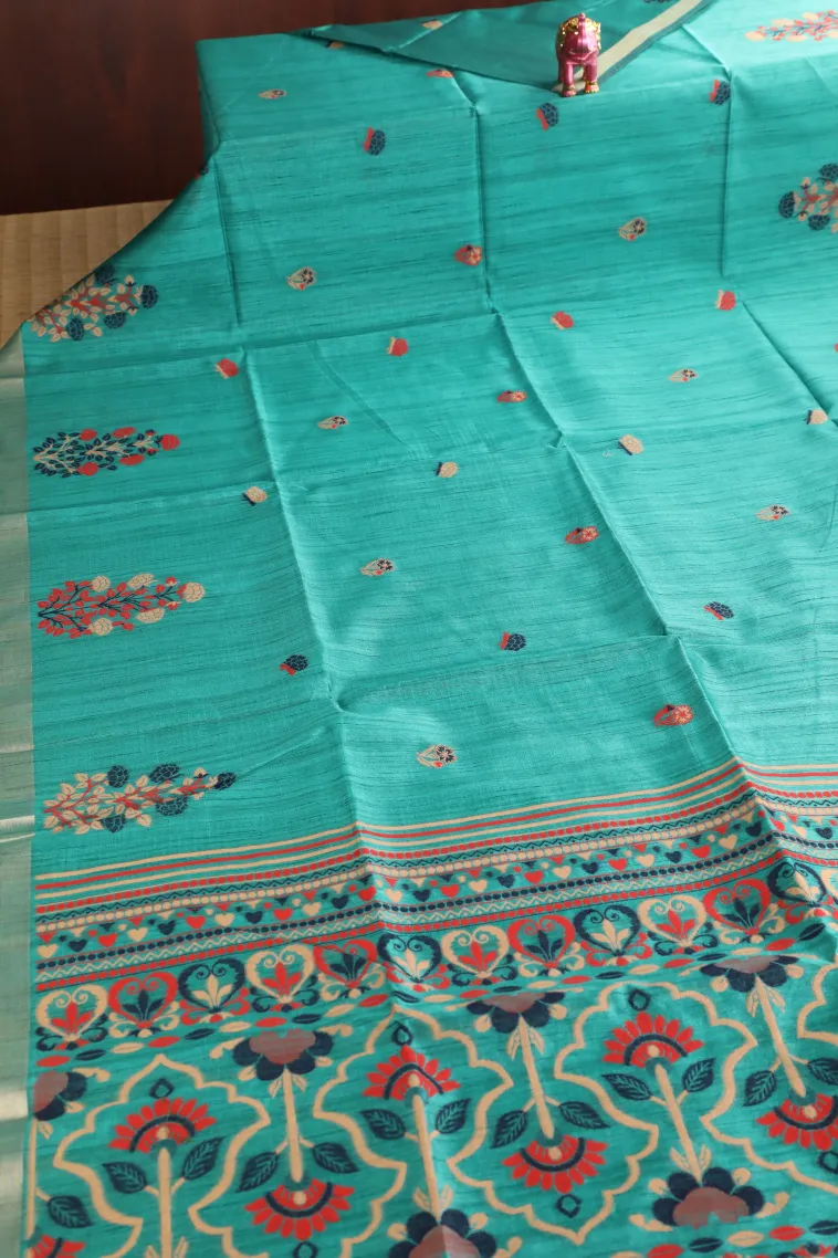Teal Blue Semi Tussar Silk with Gold And Silver Zari Flower Mottif view 2