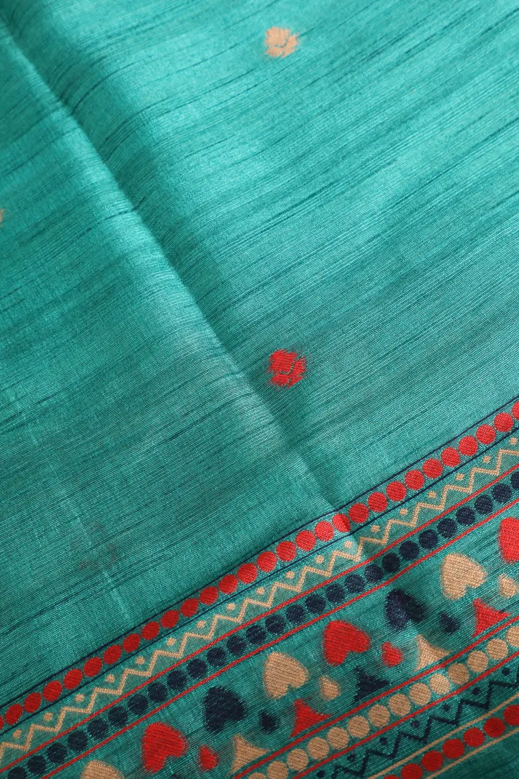 Teal Blue Semi Tussar Silk with Gold And Silver Zari Flower Mottif view 3
