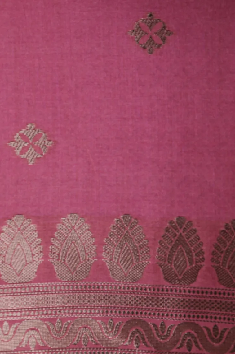 Rouge Pink Tussar Saree with Silver Zari Leaf Pattern view 3
