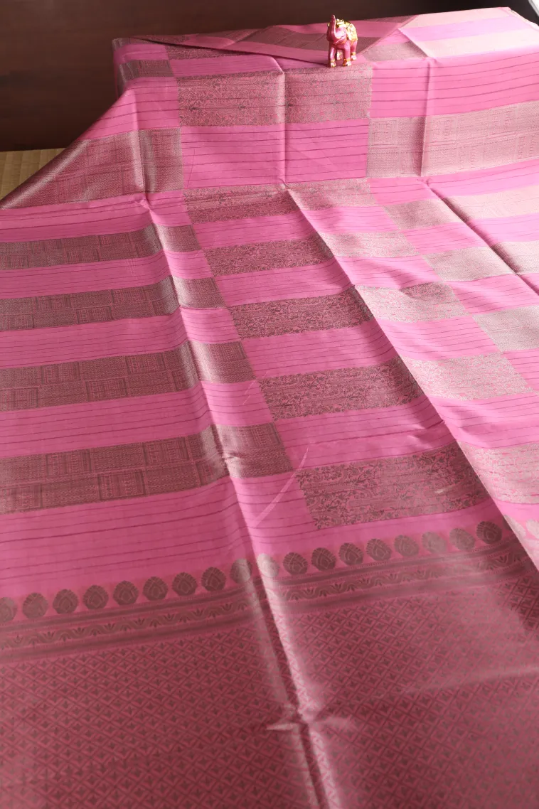 Rouge Pink Tussar Saree with Silver Zari Leaf Pattern view 2