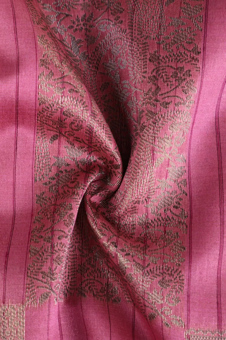 Rouge Pink Tussar Saree with Silver Zari Leaf Pattern view 4