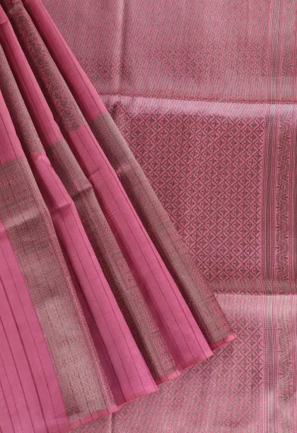 Rouge Pink Tussar Saree with Silver Zari Leaf Pattern