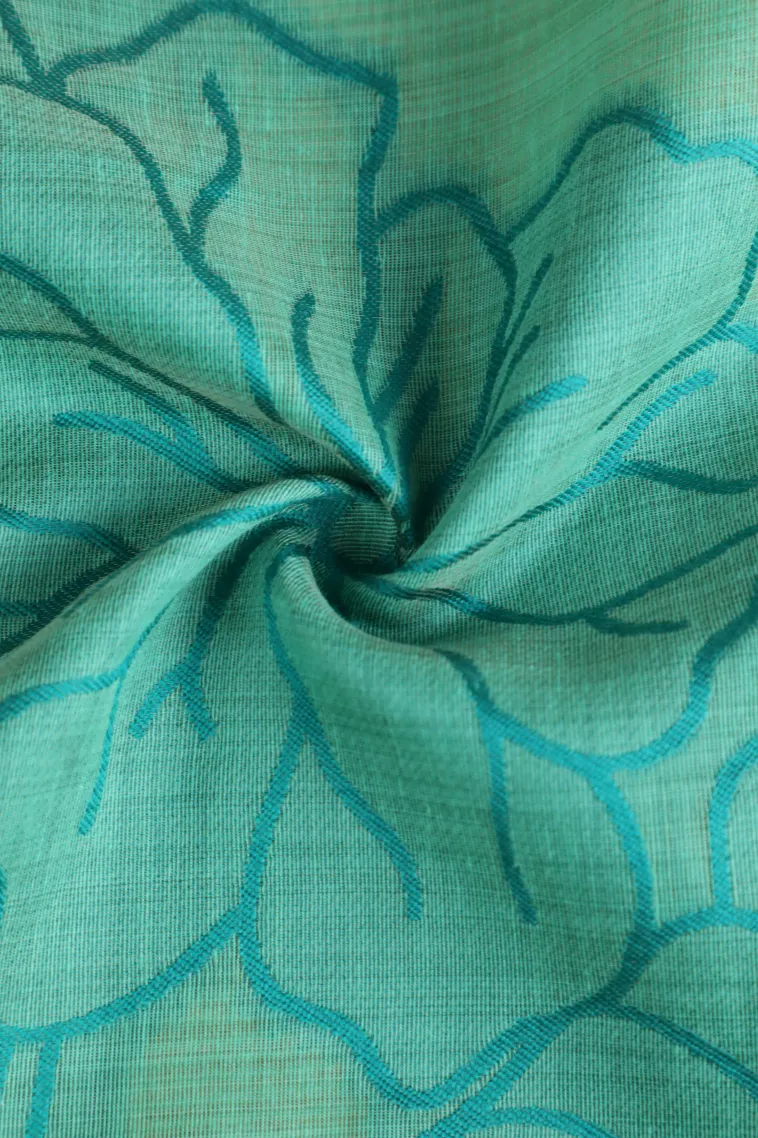 Teal Blue Linen Saree Without Zari With Floral Patterns view 4