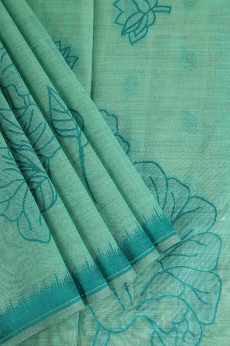 Teal Blue Linen Saree Without Zari With Floral Patterns