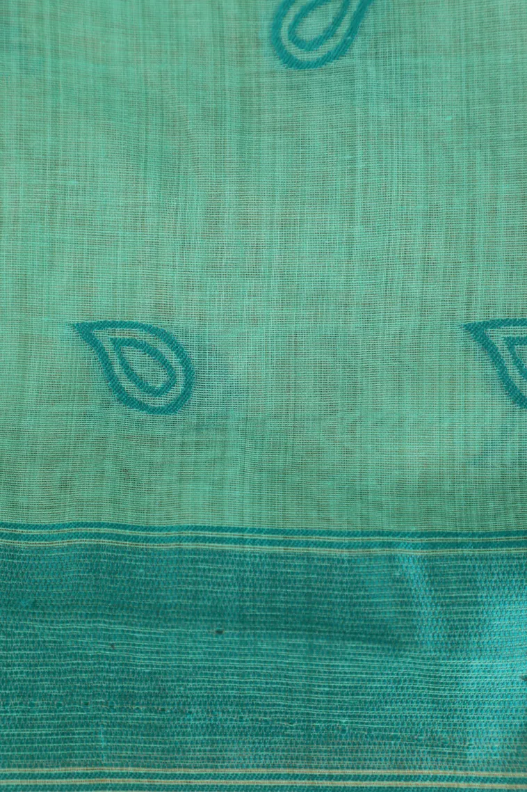 Teal Blue Linen Saree Without Zari With Floral Patterns view 3