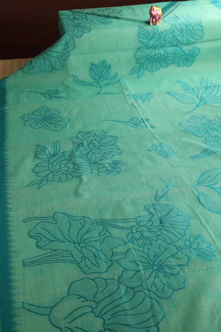 Teal Blue Linen Saree Without Zari With Floral Patterns view 2