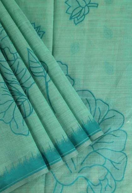 Teal Blue Linen Saree Without Zari With Floral Patterns