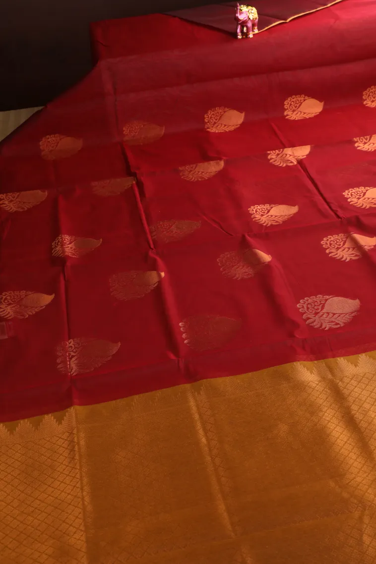 Cherry Red Silk Cotton with Gold Zari Mango Puttas view 2