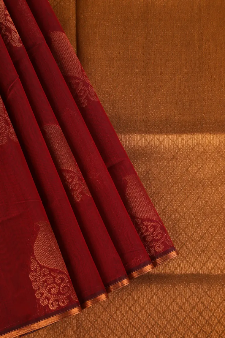 Cherry Red Silk Cotton with Gold Zari Mango Puttas