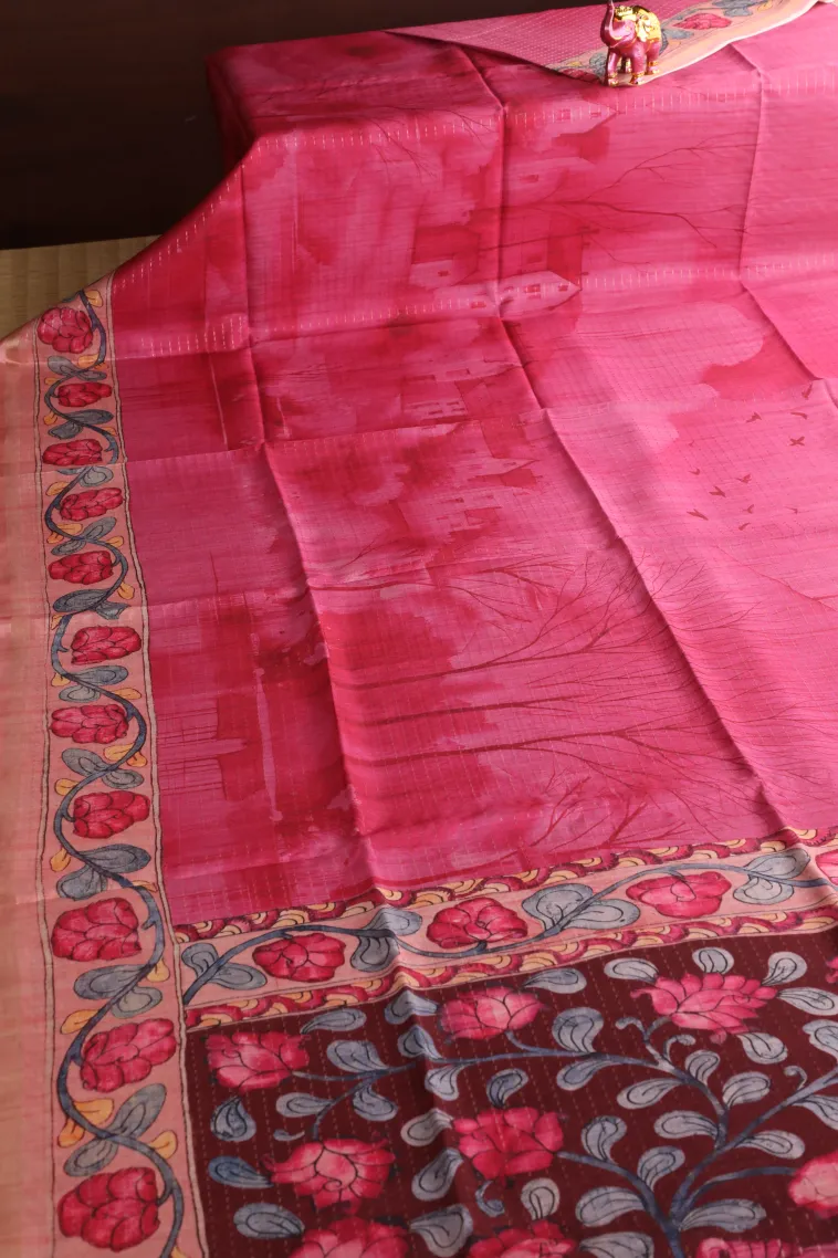 Bubblegum Pink Semi Tussar Silk with Gold Zari Birds And Floral Pattern view 2