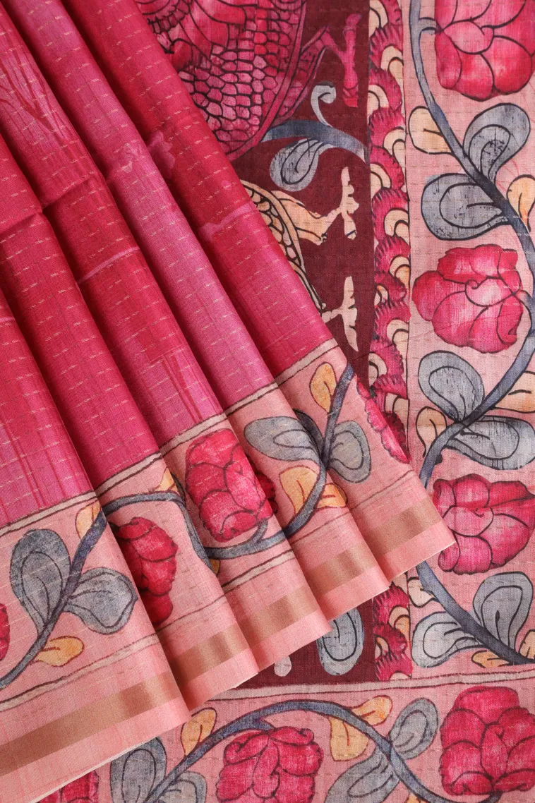 Bubblegum Pink Semi Tussar Silk with Gold Zari Birds And Floral Pattern
