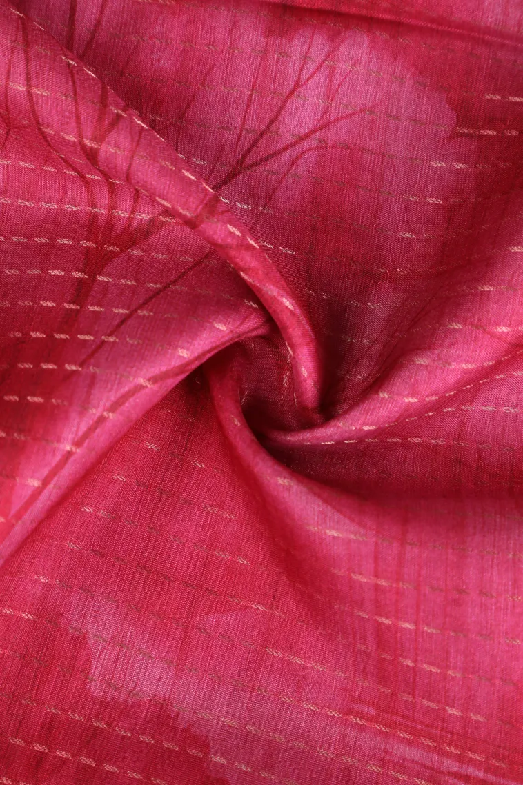Bubblegum Pink Semi Tussar Silk with Gold Zari Birds And Floral Pattern view 4
