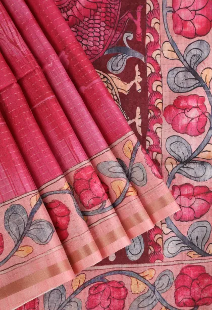 Bubblegum Pink Semi Tussar Silk with Gold Zari Birds And Floral Pattern