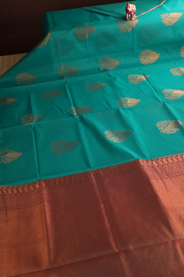Teal Blue Silk Cotton with Gold Zari Mango Puttas view 2