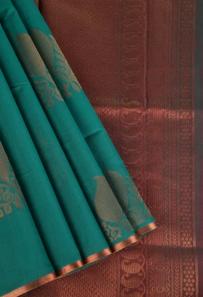 Teal Blue Silk Cotton with Gold Zari Mango Puttas