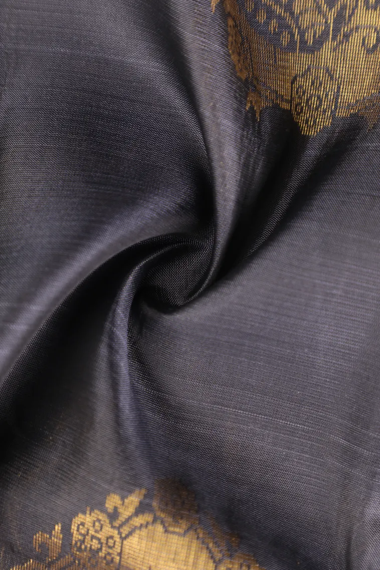 Charcoal Black Soft Silk Saree with Gold And Silver Zari Mango Puttas view 4
