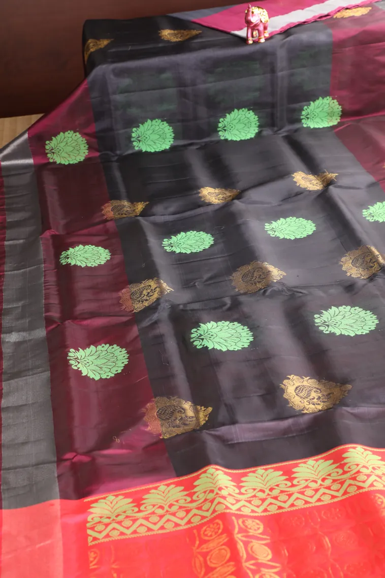 Charcoal Black Soft Silk Saree with Gold And Silver Zari Mango Puttas view 2