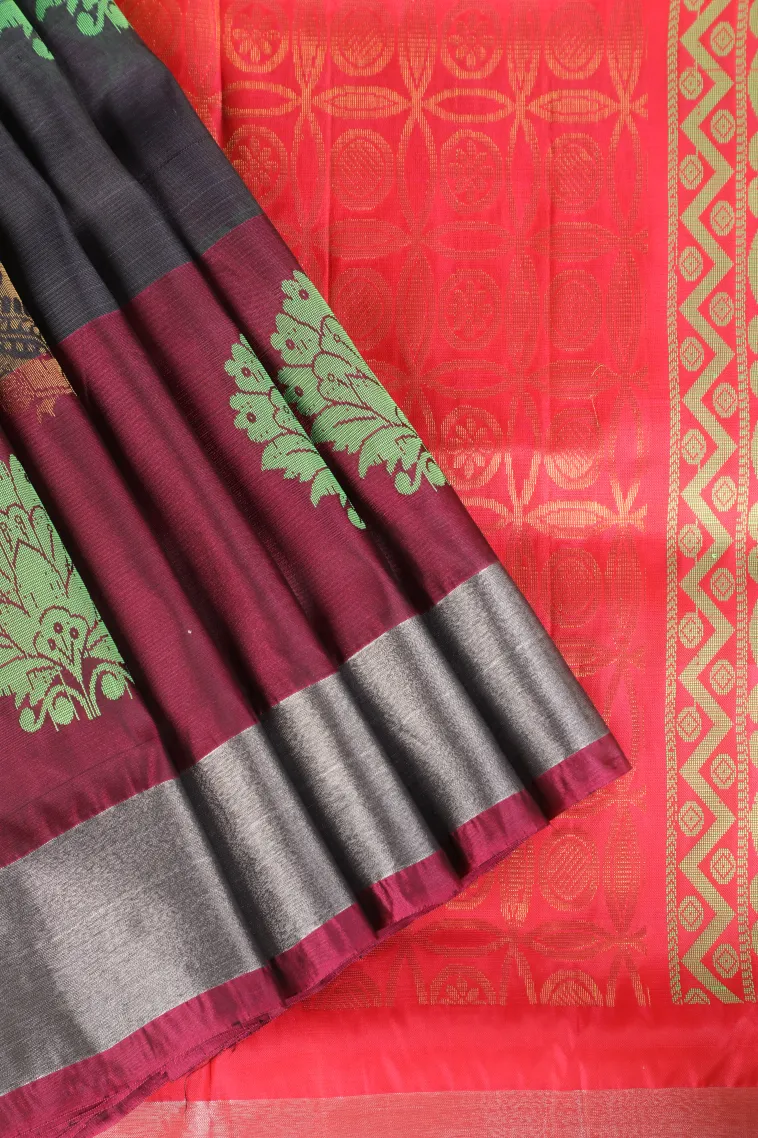Charcoal Black Soft Silk Saree with Gold And Silver Zari Mango Puttas view 1