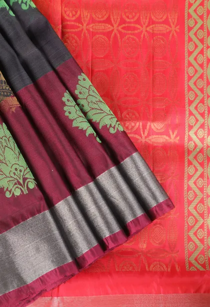 Charcoal Black Soft Silk Saree with Gold And Silver Zari Mango Puttas