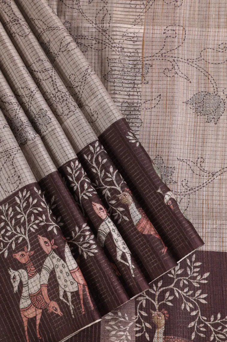 Salt White Tussar Saree with Thread Zari Floral Patterns