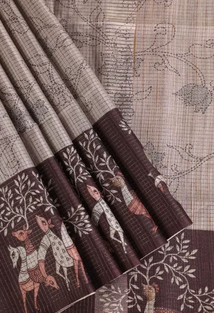 Salt White Tussar Saree with Thread Zari Floral Patterns