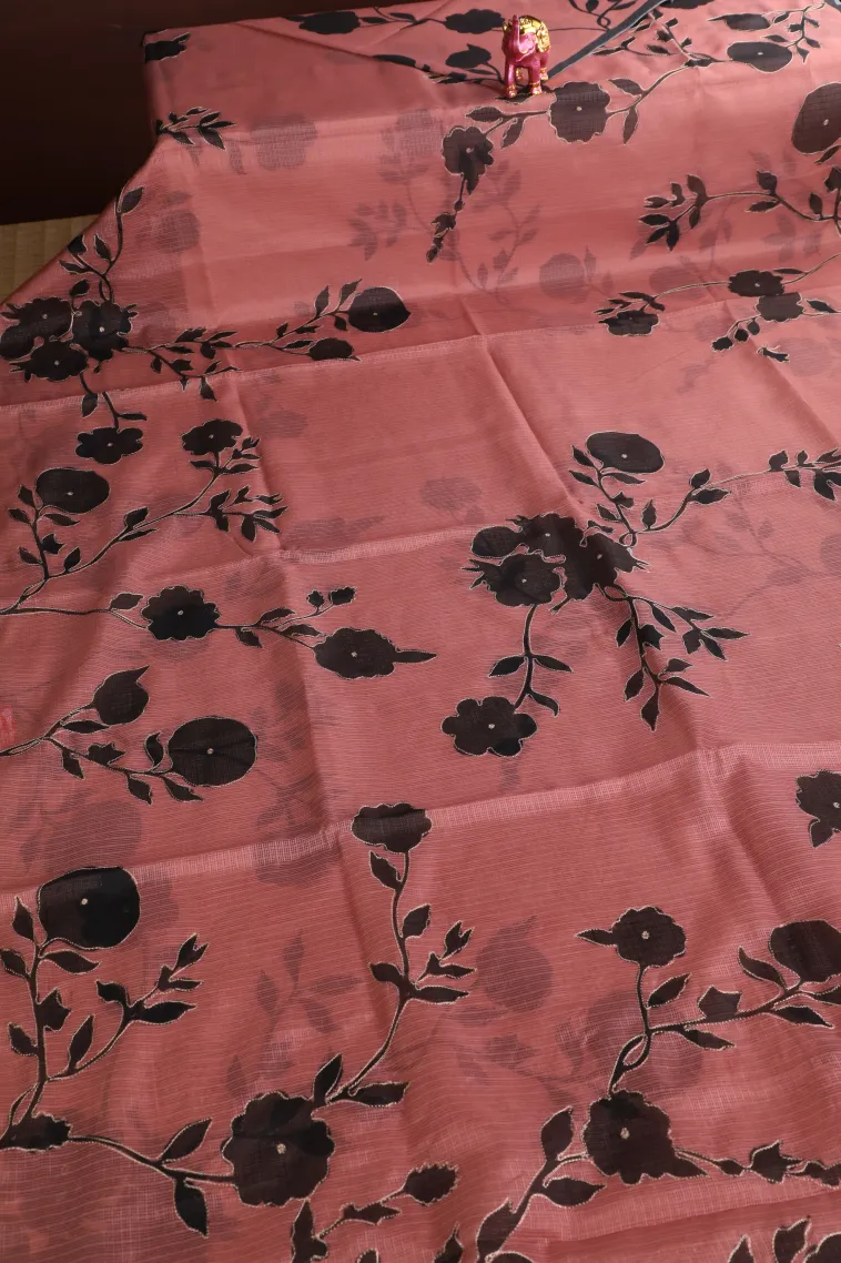 Rouge Pink Manipuri Cotton Sarees with Gold Zari Floral Patterns view 2