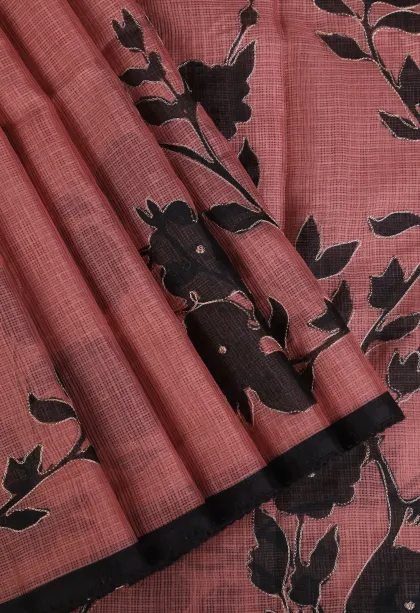 Rouge Pink Manipuri Cotton Sarees with Gold Zari Floral Patterns